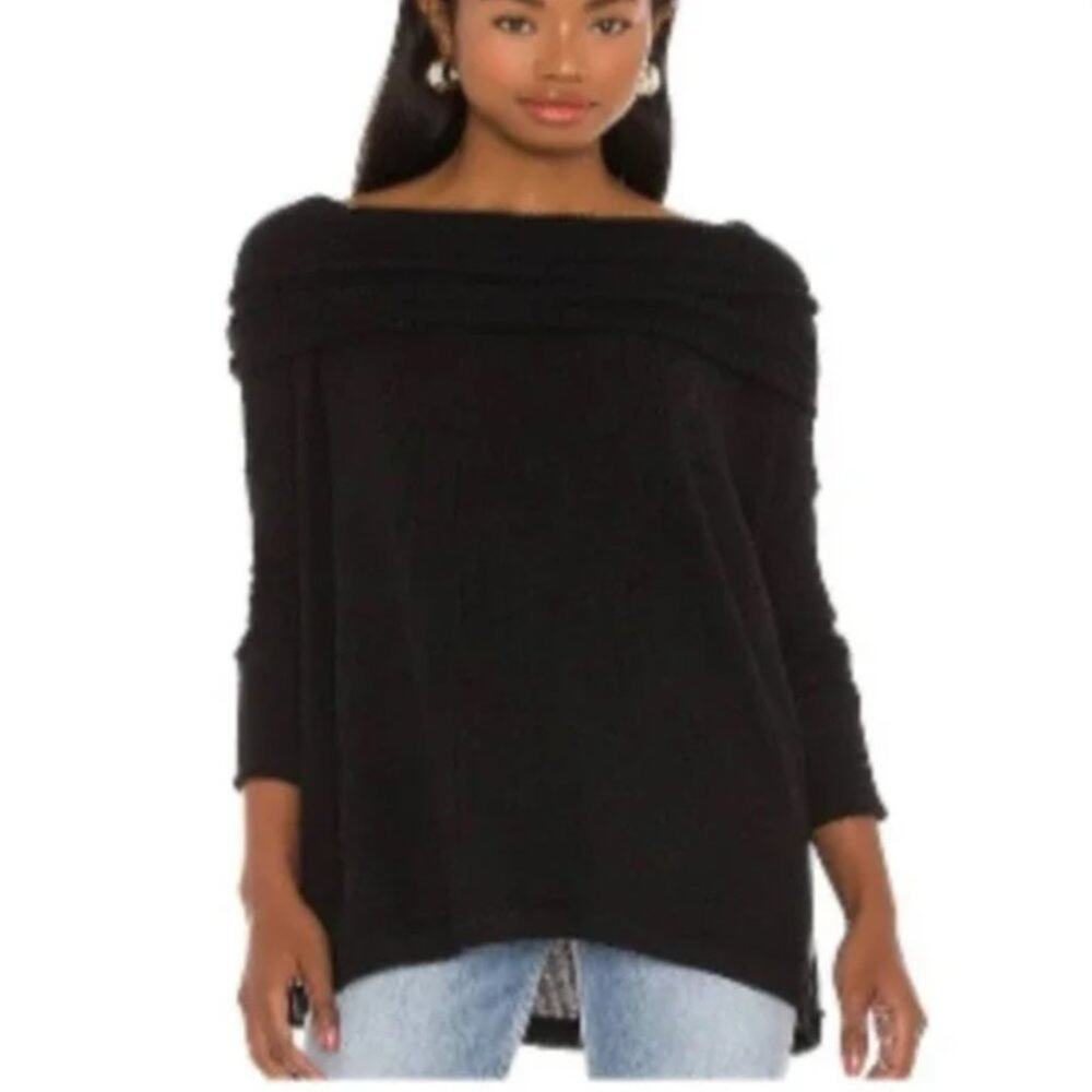 Free People Oversized Cowl Neck Waffle Knit Split Back Top